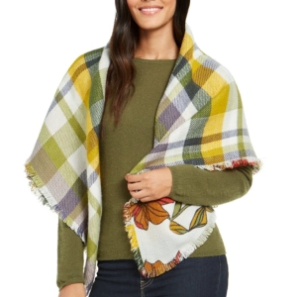 NEW-$29-Vince Camuto Plaid To Floral Double Face Wrap